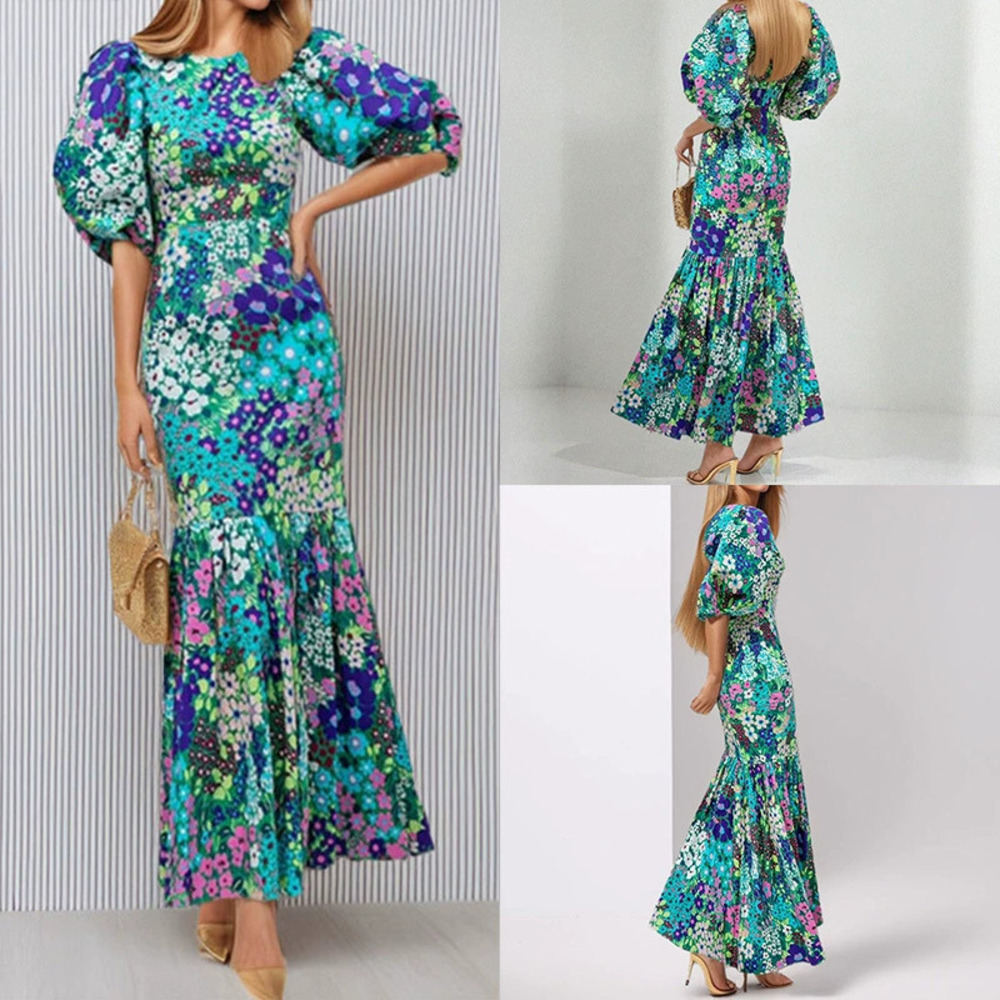 ZARA Womens Summer Fashion Elegant Printed Puff Sleeve Slim Fit Dress